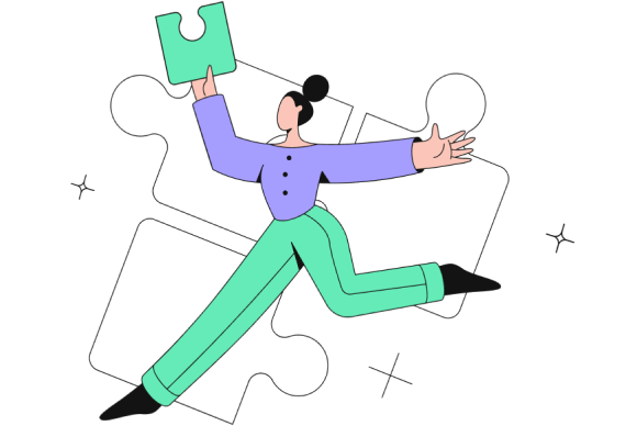 a team member dressed in blue shirt and green pants holding a puzzle piece