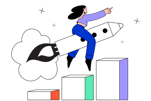 an ambitions girl on a rocket flying above a bar chart