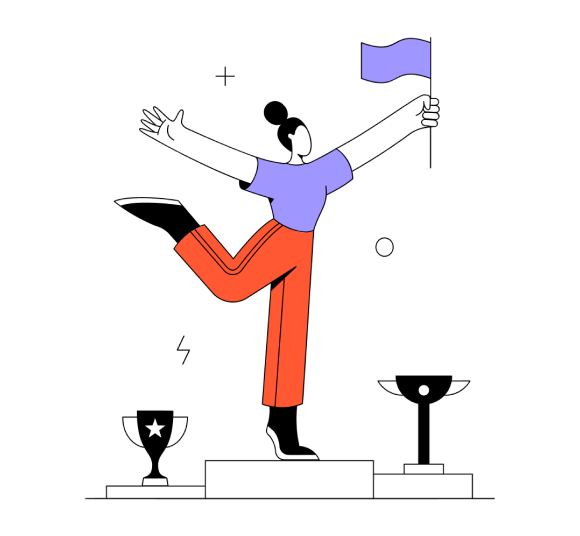 a woman stands on a award podium and holds a victory flag in her hand